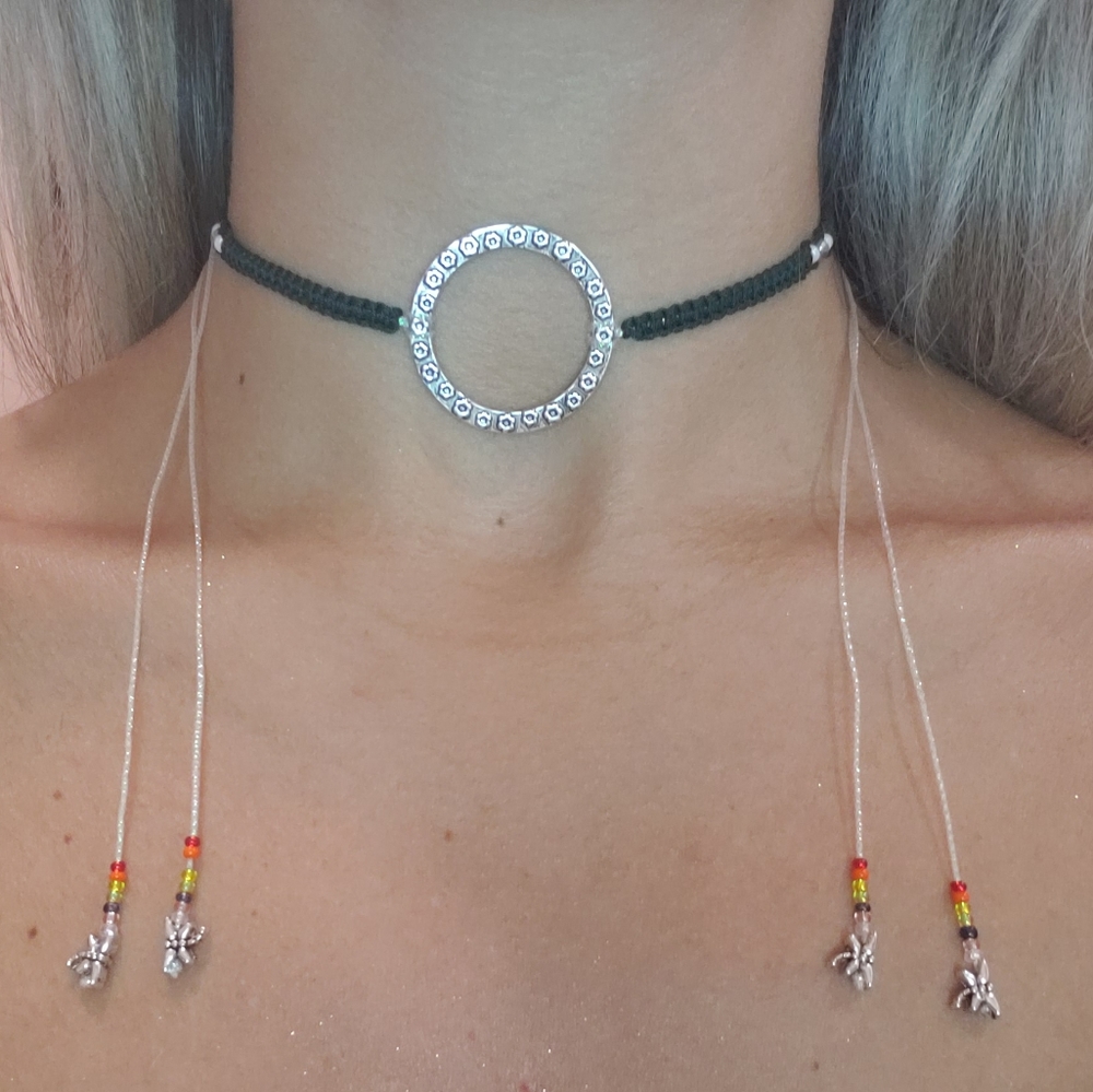 Olive Green beaded macrame choker w dragonfly ends